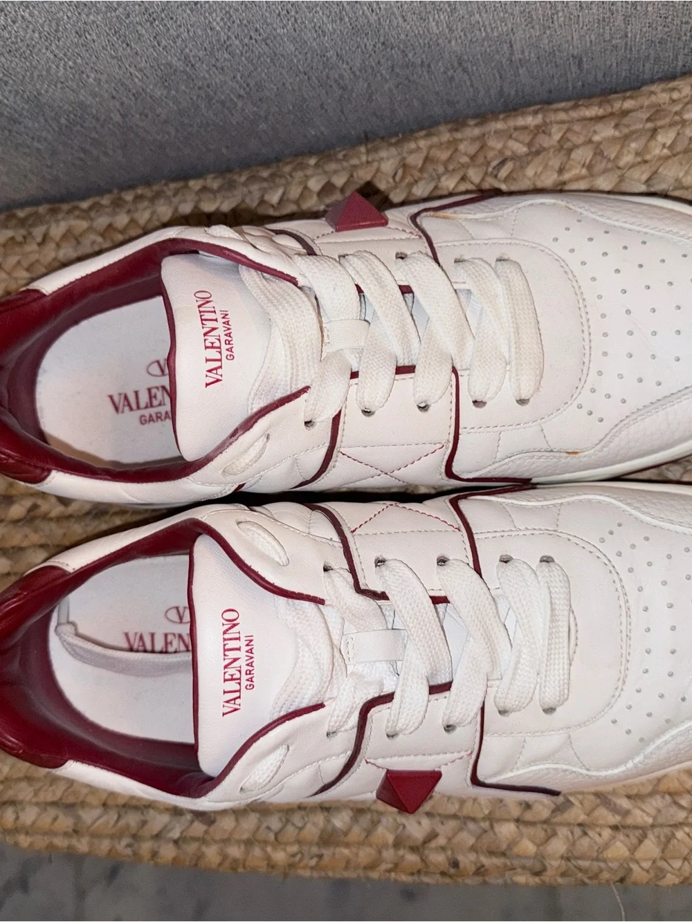 Valentino Garavani White One Stud Sneakers with Burgundy Accents